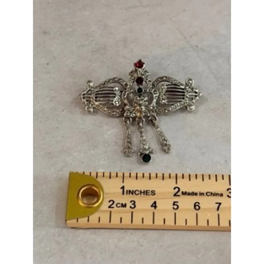 Vintage Style Silver Tone Jeweled Ornate Dangle Brooch Renaissance Gothic